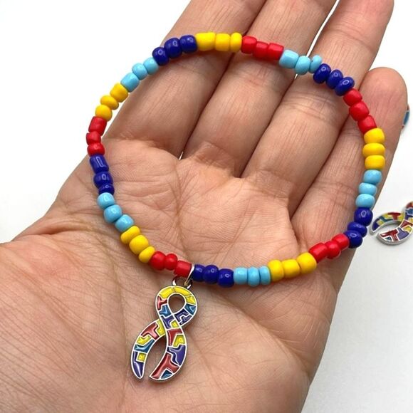 Colorful Beaded autism awareness Bracelet with Puzzle Charm for adults and kids - Picture 2 of 4